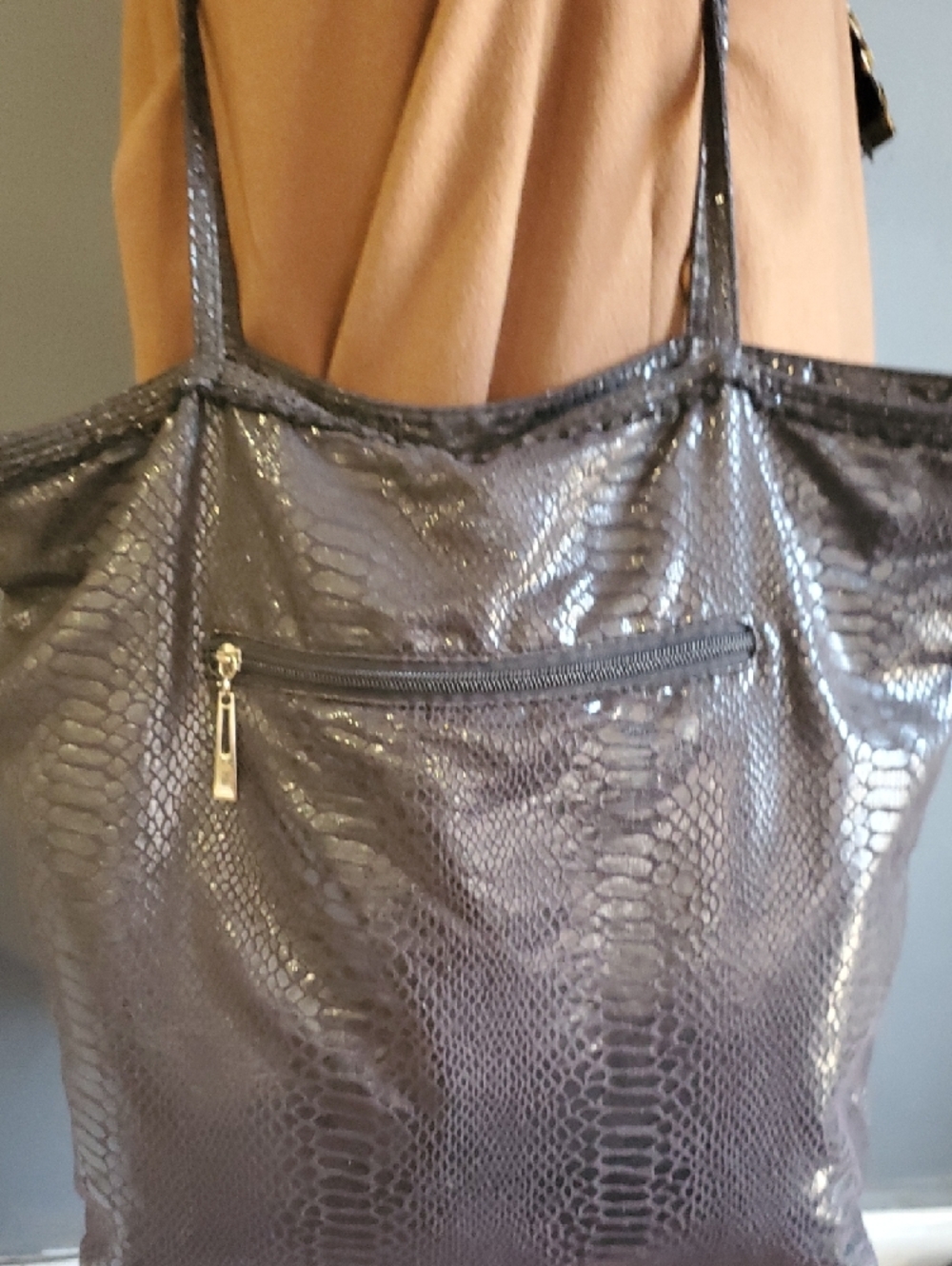 Cache Black Faux Snakeskin Tote with Long Shoulder Straps - Picture 8 of 14